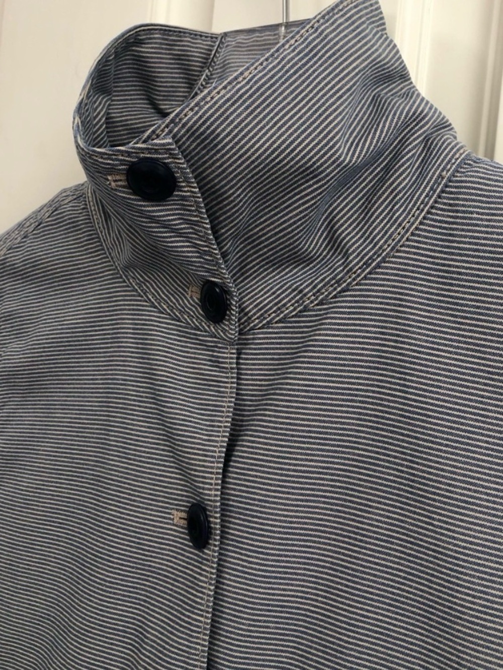The GREAT. | Blue & Tan Railroad Stripe Cotton Swing Utility Jacket